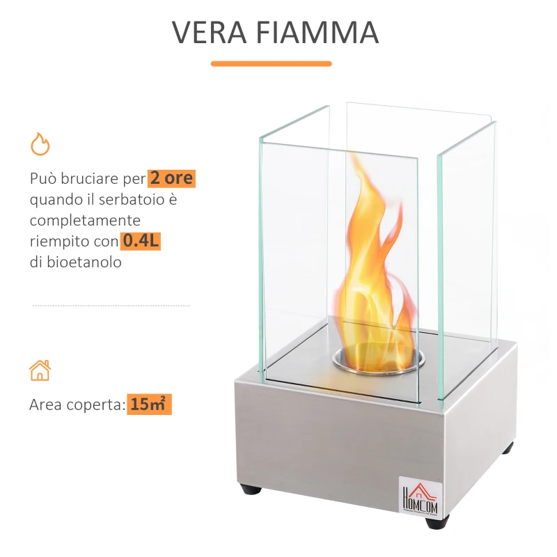 HOMCOM Camino a Bioetanolo da Tavolo con Bruciatore da 0.4L, Biocamino in Acciaio e Vetro per Interni ed Esterni, 20x20x33cm, Argento