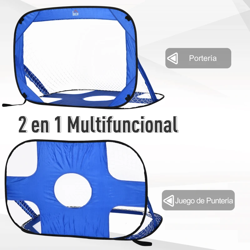 HOMCOM Juego de 2 Porterías de Fútbol Pop-up Diseño 2 en 1 Plegable para Juegos y Entrenamiento de Fútbol con Bolsa de Transporte 123x80x80 cm Azul