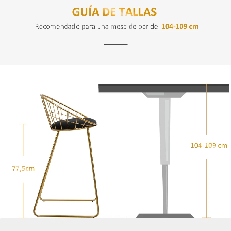 HOMCOM Juego de 2 Taburetes Altos de Cocina con Asiento de Tela Taburetes de Bar Sillas Acapulco 52,5x47x97 cm Dorado