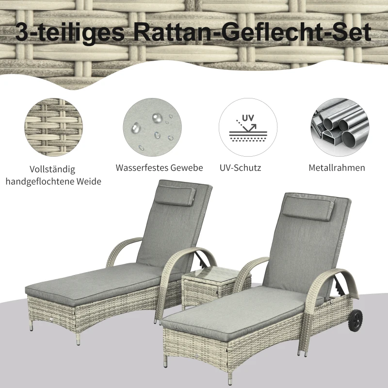 Outsunny Sonnenliege Gartenliege Tisch 3er-Set Gartenmöbel, Polyrattan+Metall Grau
