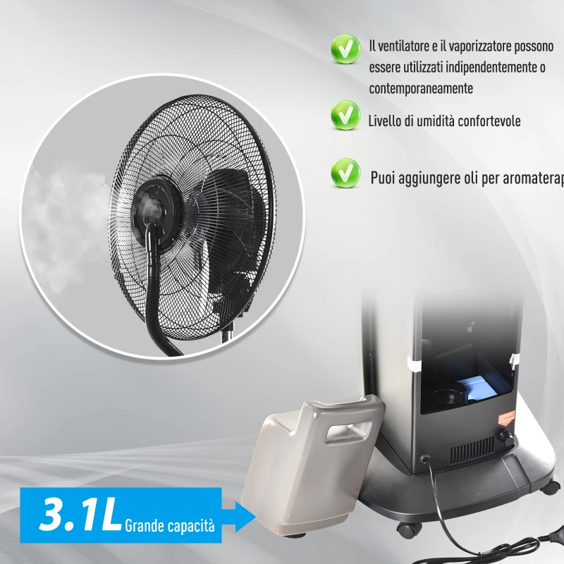 HOMCOM Ventilatore Oscillante con Nebulizzatore Deumidificatore e Telecomando 3 Modalità e Timer 12h Ф44.5cm x 135cm