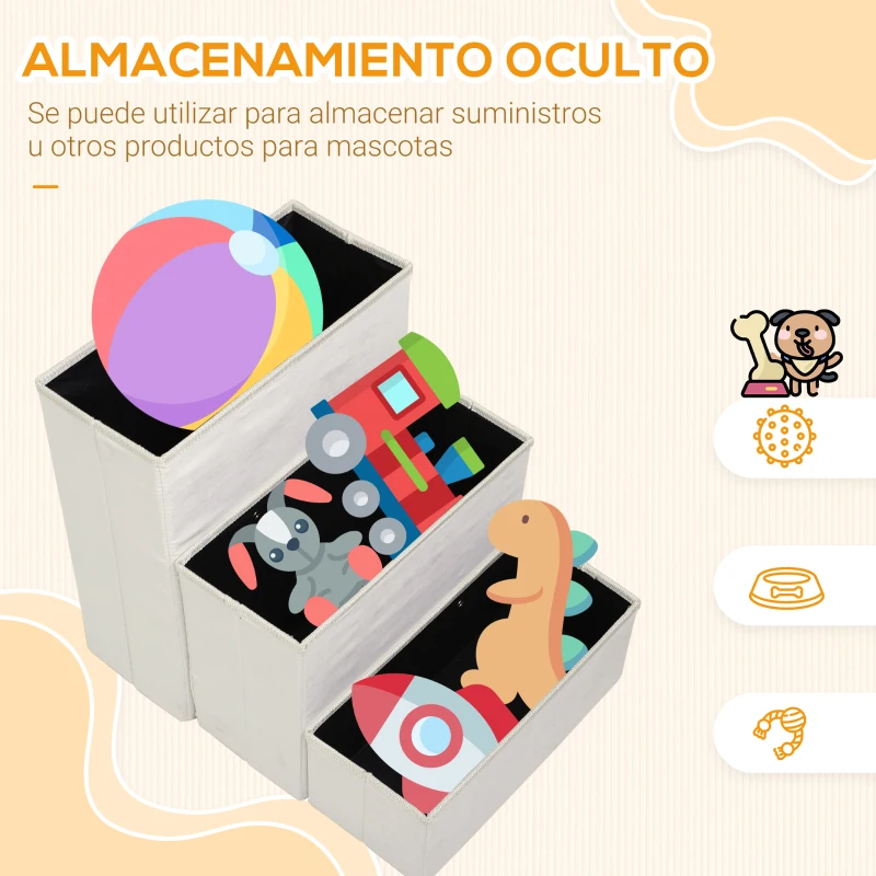PawHut Escalera para Mascotas de 3 Peldaños Plegable con Tapas Abatibles y Espacio de Almacenamiento 3 Escalones de Perros Gatos Pequeños para Cama Sofá 40x54x48 cm Blanco