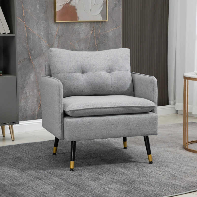 HOMCOM Fauteuil scandinave dossier capitonné avec passepoil en tissu 76 x 68 x 80 cm gris clair et pieds en métal noir et doré
