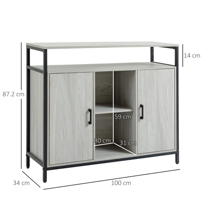 HOMCOM Credenza Moderna in Legno con 2 Armadietti e Ripiani, Mobile Cucina e per Ingresso Grigio Chiaro, 100x34x87.2cm