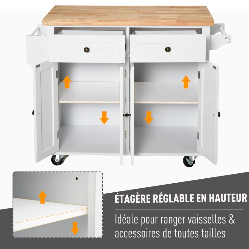 HOMCOM Desserte ilôt de cuisine multi rangements 2 tiroirs 2 placard 2 portes avec étagère range-bouteille porte-torchons et étagère réglable MDF blanc hévéa