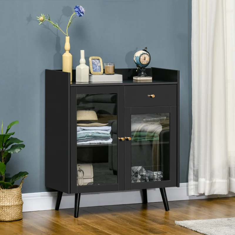 HOMCOM Armadietto Due Ante con Ripiano Regolabile e Spazi Aperti in MDF e Legno, 80x40x94.3 cm, Nero