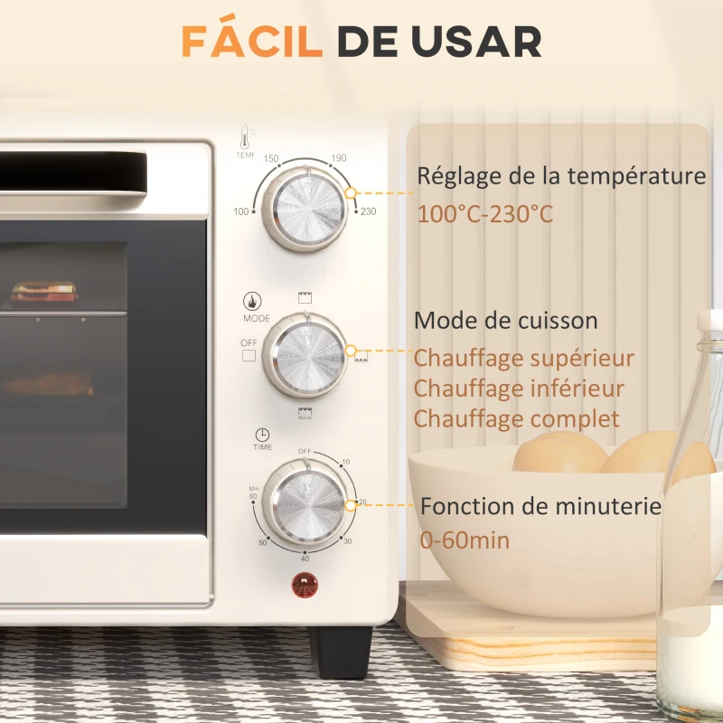 HOMCOM Horno Sobremesa de 21L 1400W Mini Horno Eléctrico Temporizador hasta 60min y Temperatura Regulable hasta 230℃ Crema