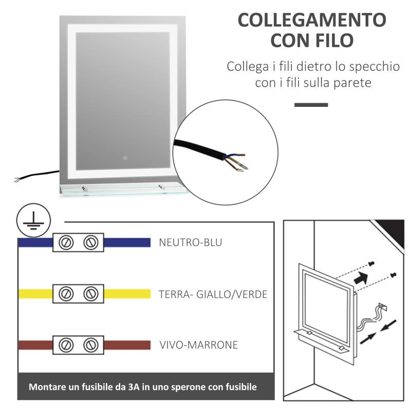 Kleankin Specchio da Bagno Luci a LED, Interruttore Touch Mensola in Vetro con Utensili per Montaggio a Parete 70x50cm