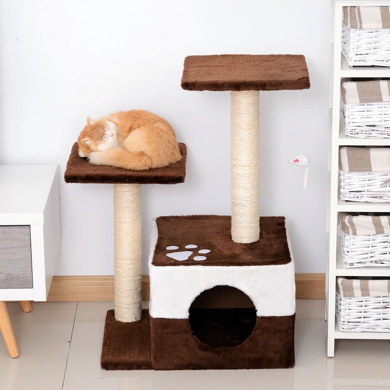 PawHut Arbre à chats avec griffoirs grattoirs sisal naturel centre d'activités niche plate-formes jeu souris suspendue 45L x 33l x70H cm marron blanc