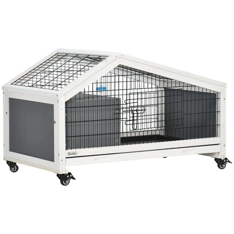 PawHut Rabbit Hutch, Wheeled Rabbit Cage w/ Water Bottle, Plastic Slide-Out Tray - Grey