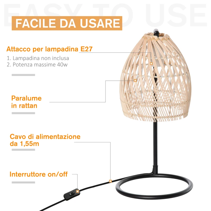 HOMCOM Lampada da Tavolo in Rattan Stile Boho, Attacco E27 Potenza Max 40W Ø20x41cm, Beige