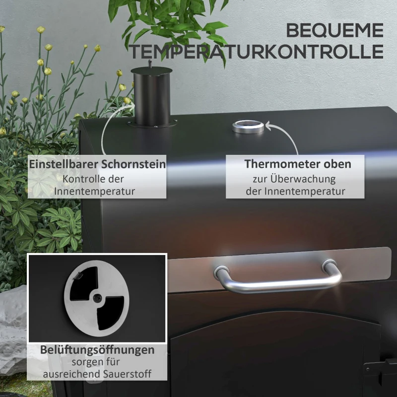 Outsunny Holzkohlegrill BBQ-Grill Smoker, verstellbares Kohlefach, Seitenablagen, 124 x 66 x 112 cm, Schwarz