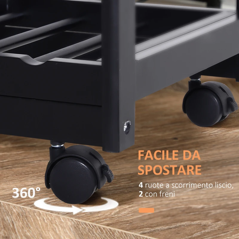 HOMCOM Carrello da Cucina Multiuso in Legno di Pino 74 x 37 x 75cm Nero