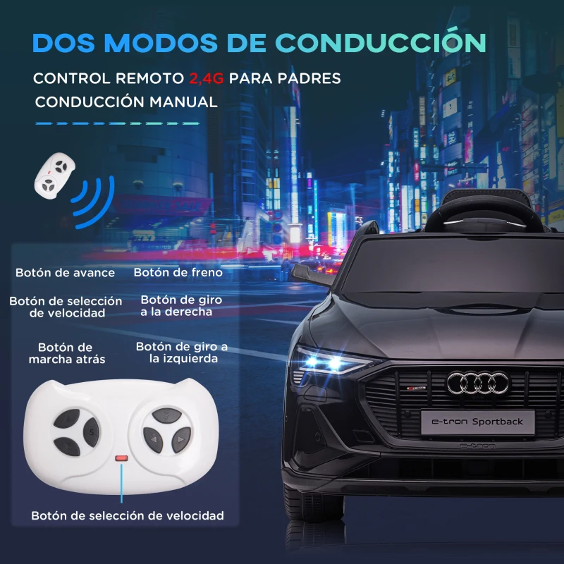 HOMCOM Coche de Batería para Niños 12V Audi E-tron con Mando a Distancia Faros Bocina Música Velocidad 3-5 km/h Negro