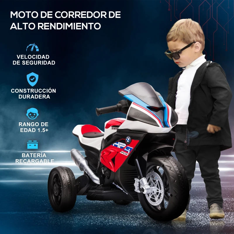 HOMCOM Moto Eléctrica BMW HP4 para +18 Meses con Música USB Velocidad 2,5 km/h Avance y Retroceso 82,5x42x54 cm Rojo