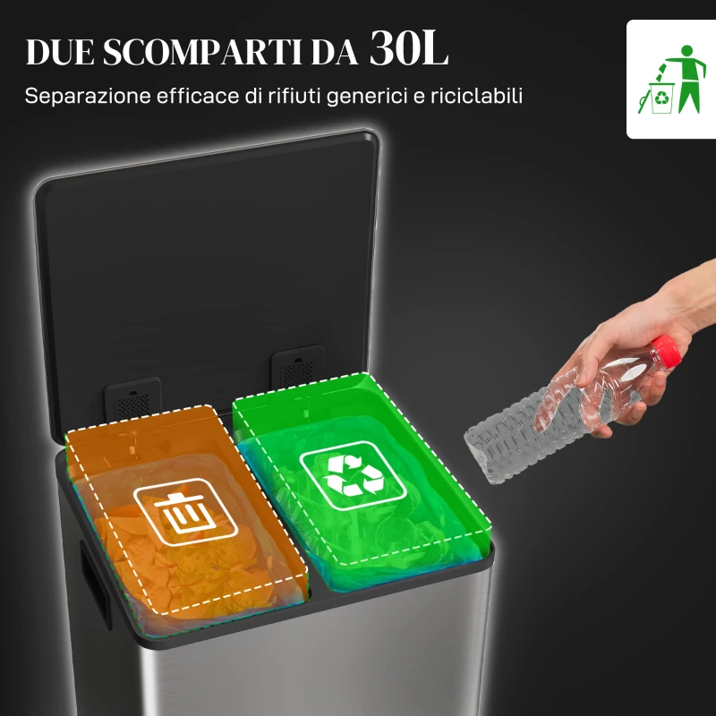 HOMCOM Bidone Immondizia a 2 Sezioni da 30L a Pedale con Coperchio Silenzioso, in Acciaio Inox e PP, 47.7x37.5x66.8 cm