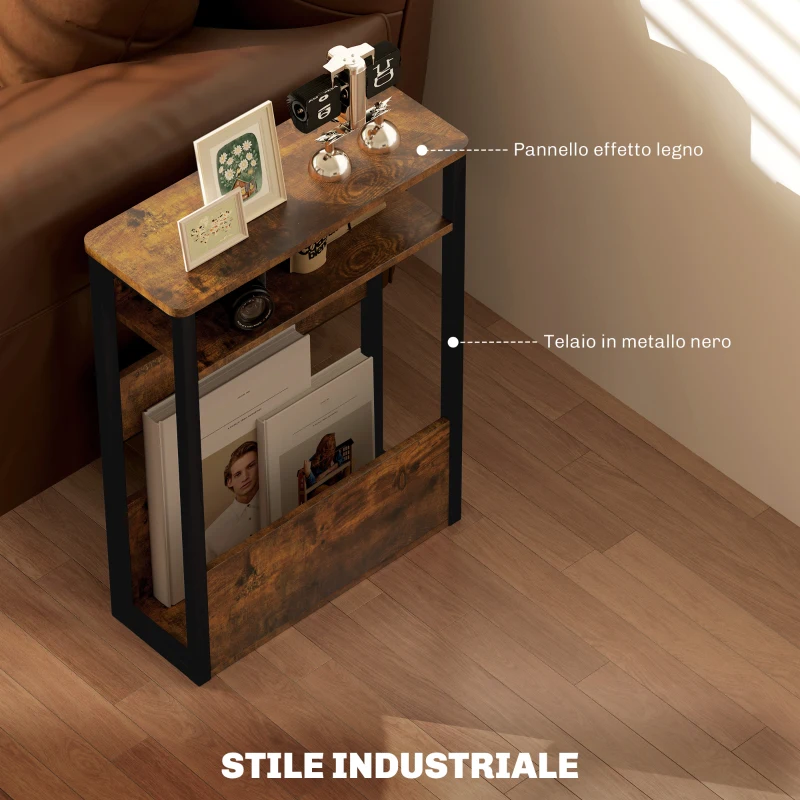 HOMCOM Tavolino da Soggiorno in Stile Industriale con 2 Ripiani, in Legno e Metallo, 46x18x58.5 cm, Marrone