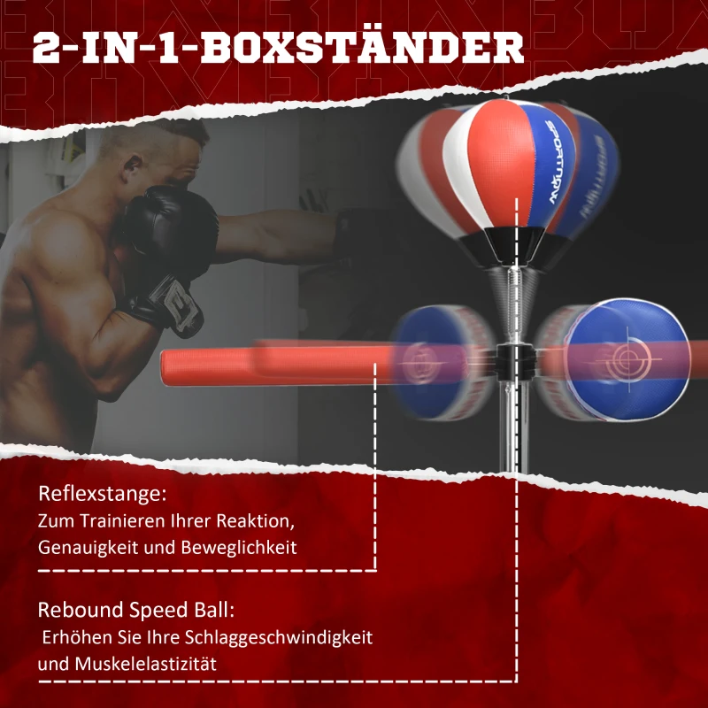 SPORTNOW Boxständer, höhenverstellbar, Reflexstange, Pratze, Speedball, befüllbarer Standfuß, 80,5 x 48 x 163-205 cm