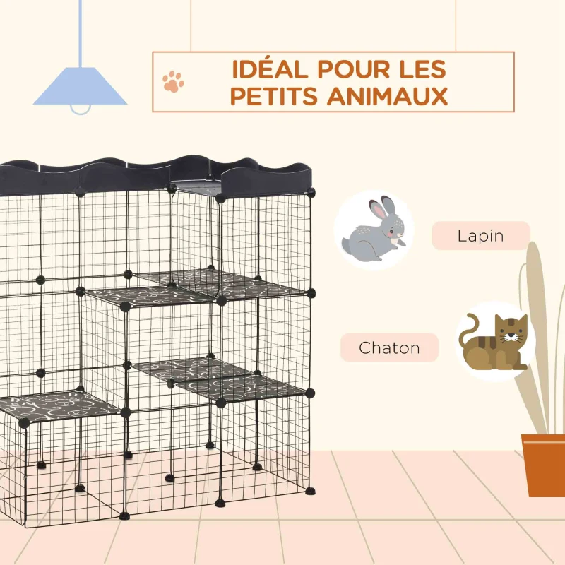 PawHut Cage parc enclos pour petits animaux chats lapins modulable 3 niveaux 2 portes rampe fil métallique 105 x 70 x 116 cm noir