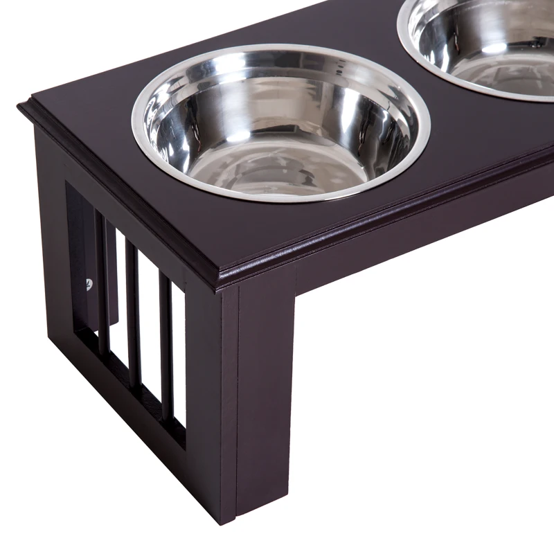 PawHut Ciotole Rialzate per Cani Taglia Media, Supporto Portaciotole in MDF con 2 Ciotole in Acciaio Inox per Cibo e Acqua, Caffè Scuro