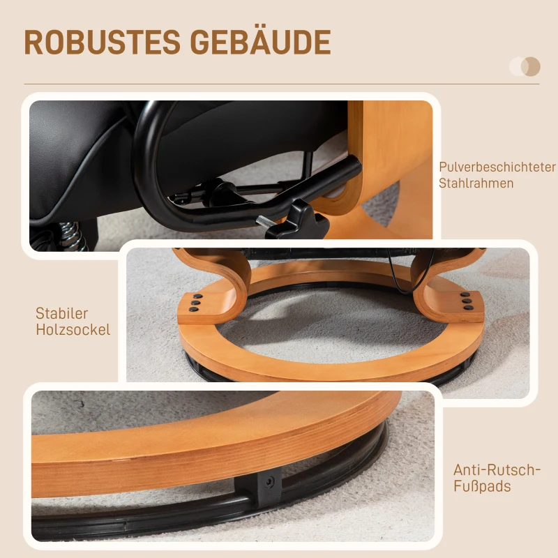 HOMCOM Relaxsessel mit Liegefunktion, drehbar, bis 150 kg, Kunstlederbezug, Stahlrahmen, Schwarz(m-8)