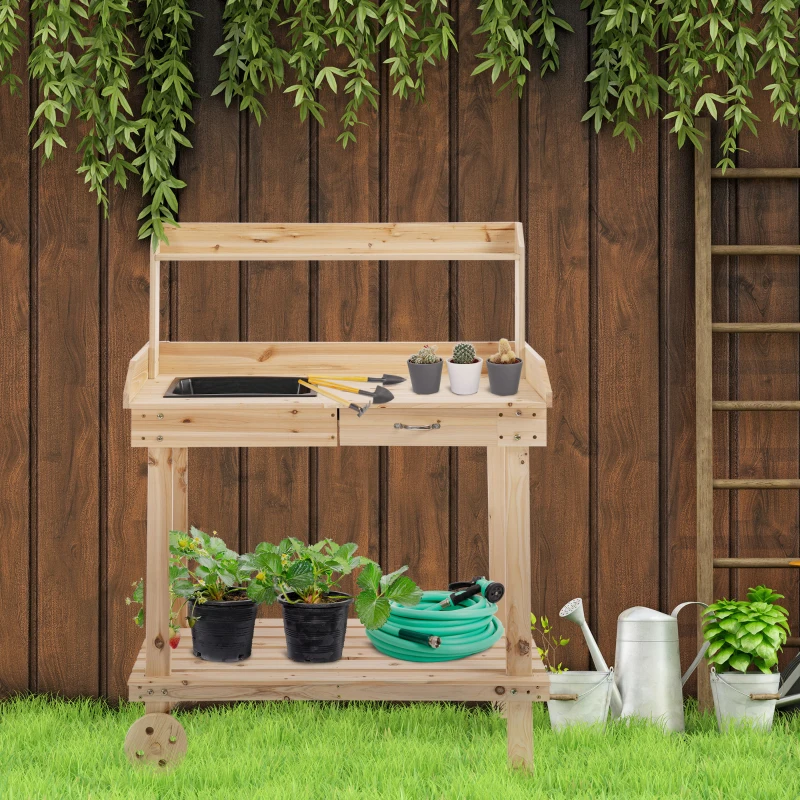 Outsunny Pflanztisch mit Schublade 2 Stufen Gärtnertisch mit waschbecken und Rollen Garten Tannenholz Natur 92 x 45 x 119 cm