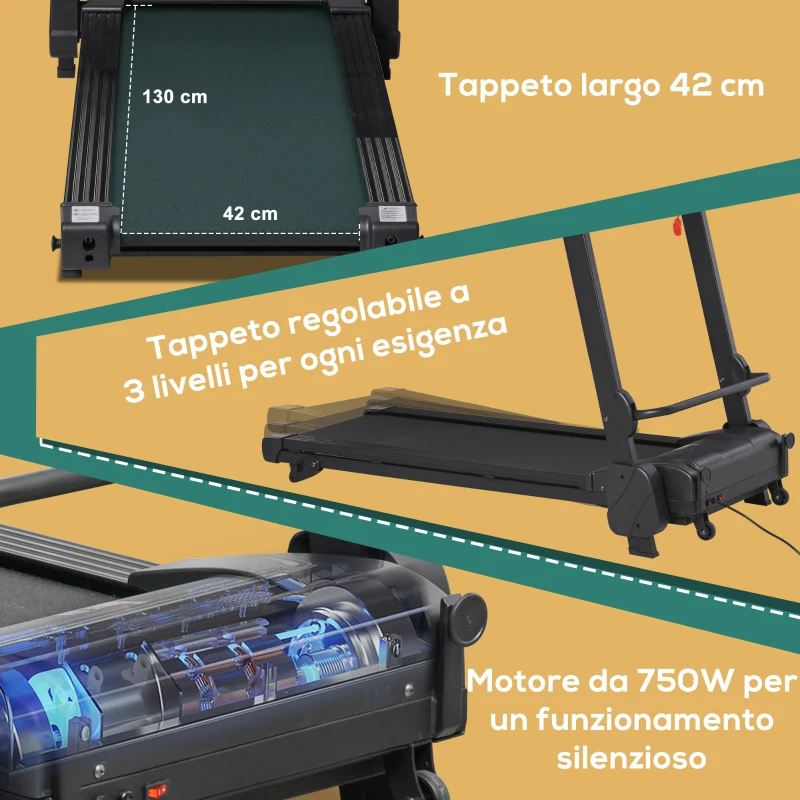 HOMCOM Tapis Roulant Elettrico Pieghevole Salvaspazio, Velocità 14km/h, Monitor LCD 5 Programmi e Presa USB, per Casa e Ufficio, Motore 750W, Nero