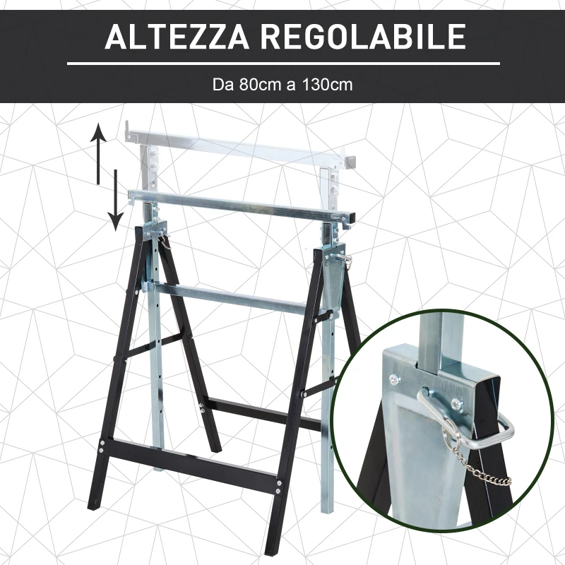 HOMCOM Set 2 Cavalletti da Lavoro Pieghevoli Portata 200 kg, Altezza Regolabili 80-130 cm, Cavalletti Telescopici Salvaspazio in Acciaio per Fai da Te, Garage e Giardino, Nero