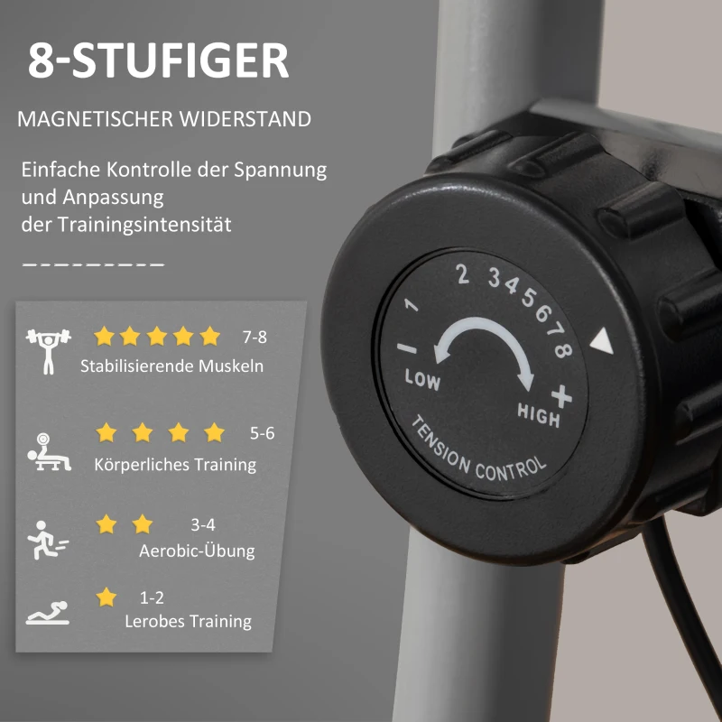 HOMCOM Heimtrainer X-Bike Fahrradtrainer mit 8 stufig einstellbarem Magnetwiderstand faltbares Fitnessfahrrad höhenverstellbar LCD Trainingscomputer Handpulssensoren Silber+Schwarz 86 x 47 x 112 cm