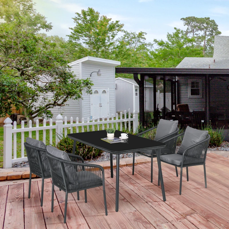 Outsunny Salon de Jardin 4 personnes en rotin PE avec chaises empilables et coussins, plateau en verre trempé cadre en aluminium