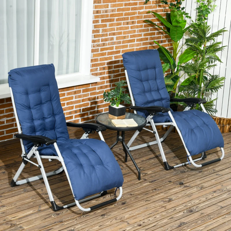 Outsunny 2pc Reclining Zero Gravity Sun Loungers ,Folding Chaise Lounge Chair with Cushions, Blue