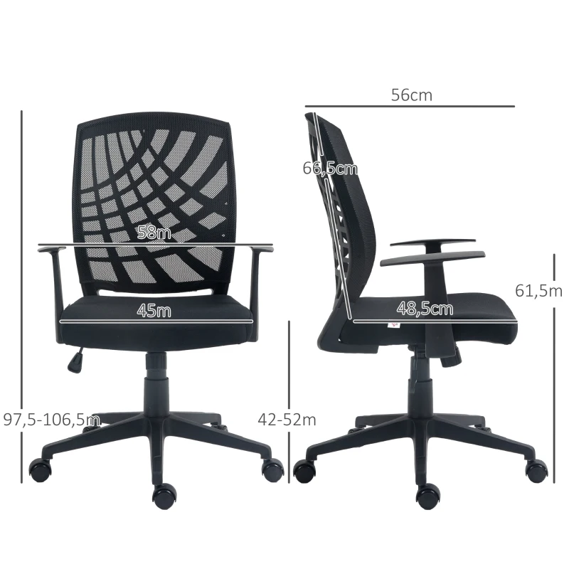 HOMCOM Fauteuil de bureau avec accoudoirs hauteur réglable pivotante 360 ° roulettes revêtement maille, noir