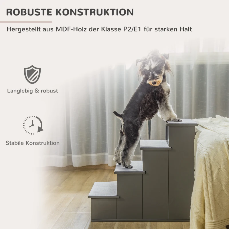PawHut Haustiertreppe, für Hunde/Katzen, 4-stufig, Kurzplüsch, bis 30 kg, 40 x 59 x 54,2 cm, Grau(m-6)