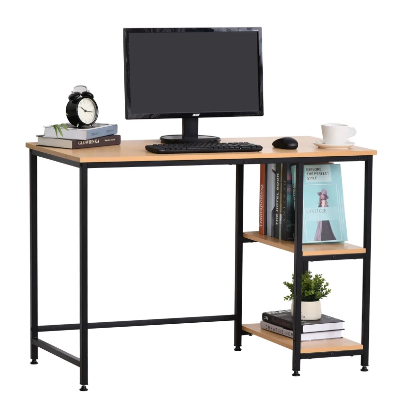 HOMCOM Mesa de Ordenador Escritorio para Oficina Estudio con Estantes de 2 Niveles Gran Superficie Patas con Protectores Regulables Antideslizantes 106x50x76 cm Color de Madera
