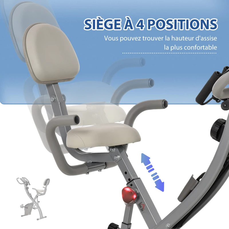 HOMCOM Vélo d'appartement pliable, vélo d'exercice, home traîner pour adultes, 8 niveaux de résistance magnétique, capteurs pouls main, écran LCD multifonction, selle réglable, acier, gris, argenté