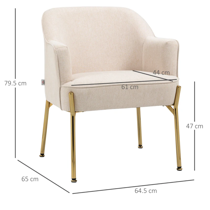 HOMCOM Accent Chair, Living Room Armchair, Vanity Chair with Gold Plating Metal Legs and Soft Padded Seat for Bedroom and Café, Set of 2, White