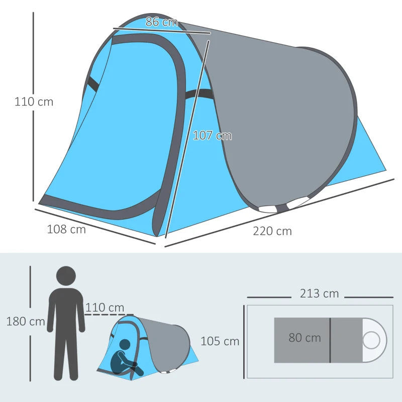 Outsunny Pop up Zelt für 1-2 Personen Campingzelt für 3 Jahreszeiten Polyester Glasfaser Blau+Grau 220 x 108 x 110 cm