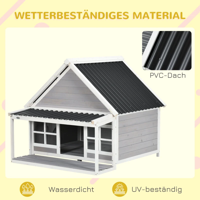 PawHut Hundehütte mit Veranda, wetterbeständig, behandeltes Tannenholz, 3 Fenster, Hellgrau + Weiß