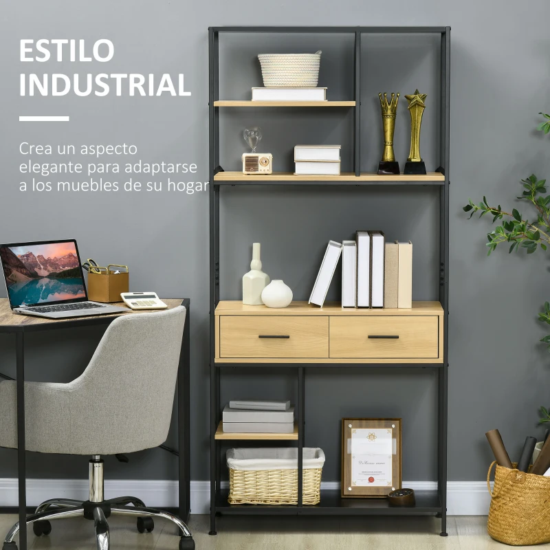 HOMCOM Estantería Estilo Industrial de 5 Niveles Mueble Estantes Almacenaje con 2 Cajones y Marco de Metal 80x30x170,5 cm Roble