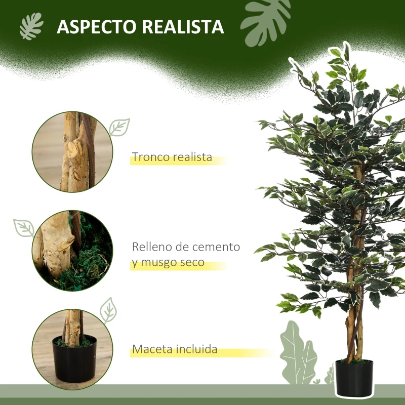 HOMCOM Ficus Artificial de 130 cm Planta Artificial de 702 Hojas con Maceta Decoración para el Hogar Ø15x130 cm Verde