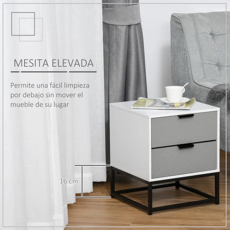 HOMCOM Mesita de Noche Mesa Auxiliar con 2 Cajones y Base Elevada de Metal para Dormitorio Cama Salón Estilo Moderno y Minimalista 39,5x40x48 cm Blanco y Gris