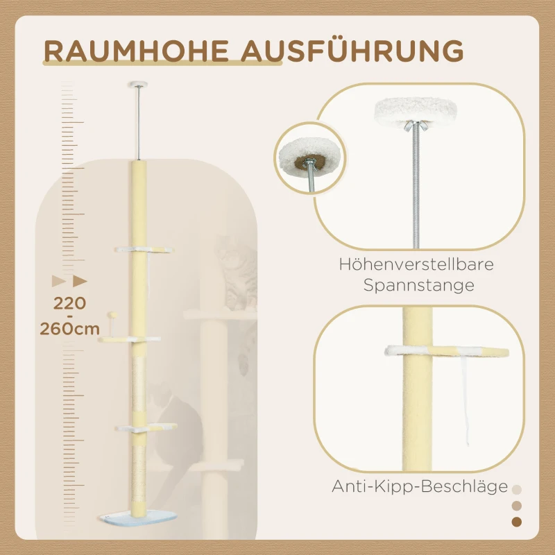PawHut Höhenverstellbarer Kratzbaum, Anti-Rutsch, Sisalseil-Pfosten, 220-260H x 47L x 34W cm, Gelb/Weiß/Blau