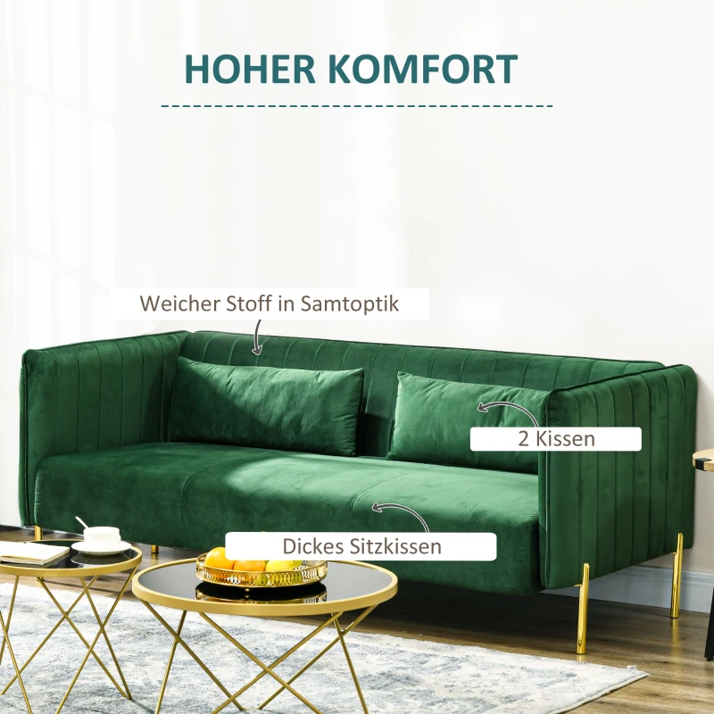 HOMCOM Sofa 3-Sitzer-Sofa Couch, inkl. 2 Kissen, Samtoptik, Retro-Design, abnehmbarer Bezug, 195 cm x 88 cm x 76 cm Grün