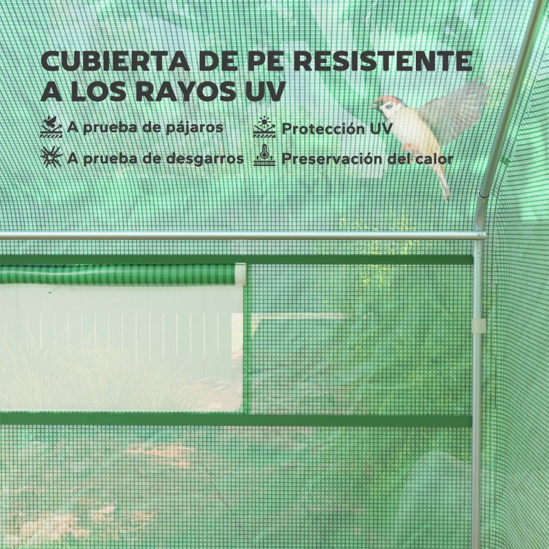Outsunny Invernadero de Túnel 4x3x2 m con 2 Ventanas Cubierta de PE Anti-UV y 1 Puerta Enrollable con Cremallera Verde(m-4)
