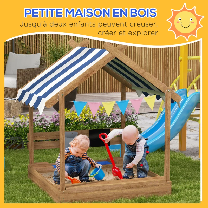 Outsunny Bac à sable bois forme de maison pour enfant avec auvent 2 bacs évier tableau 124 x 116 x 146 cm noir