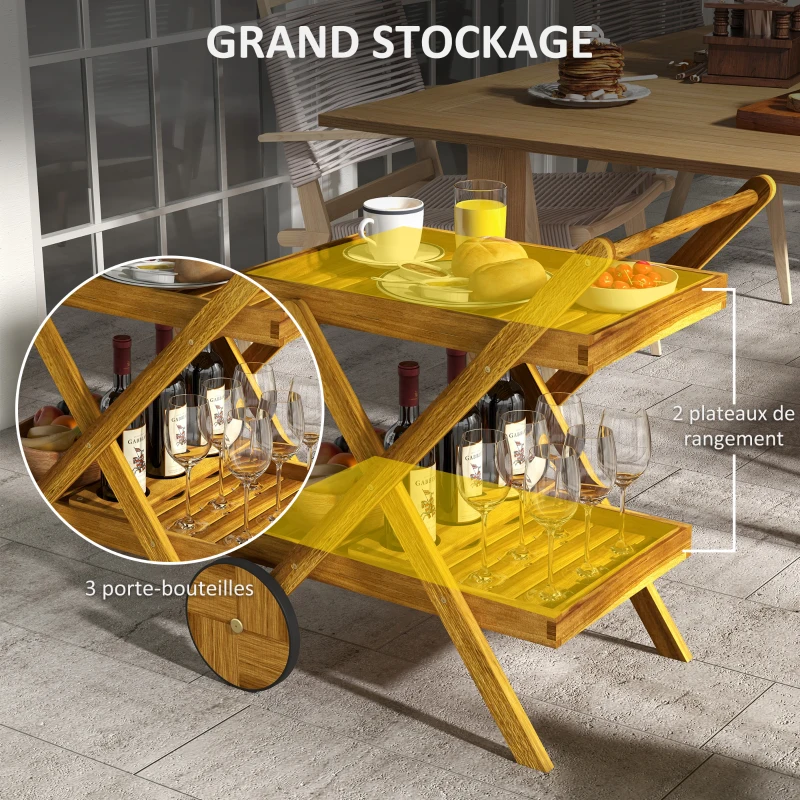 Outsunny Desserte de jardin chariot pour barbecue en bois avec 2 plateaux, 3 casiers à bouteilles et 2 roues bois naturel