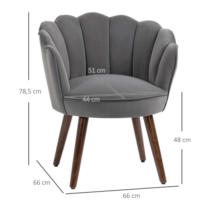 HOMCOM Fauteuil Coquillage Fauteuil de Salon Chambre avec Dossier et Coussin Aspect Velours Pieds en Bois hévéa dim. 66L x 66l x 78,5H cm, Gris