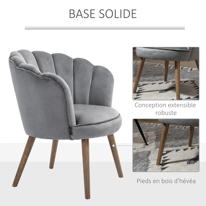 HOMCOM Fauteuil Coquillage Fauteuil de Salon Chambre avec Dossier et Coussin Aspect Velours Pieds en Bois hévéa dim. 66L x 66l x 78,5H cm, Gris