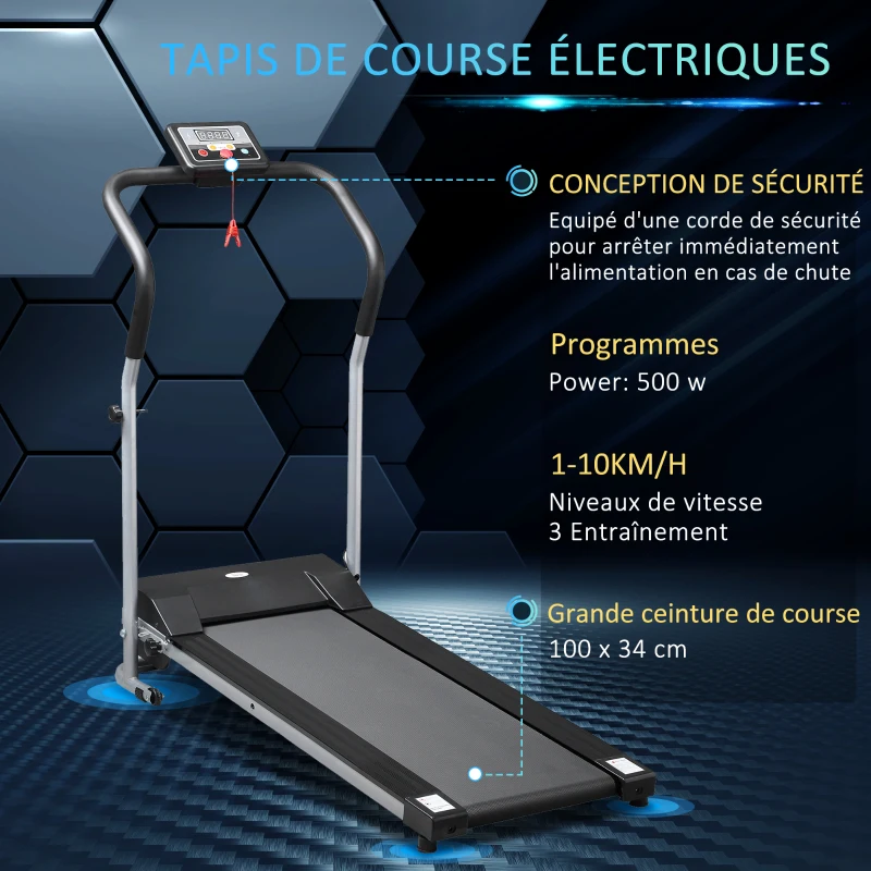 HOMCOM Tapis de course Fitness électrique pliable - 1 à 10 Km/h - écran LCD multifonctions - puissance 500 W - gris clair noir
