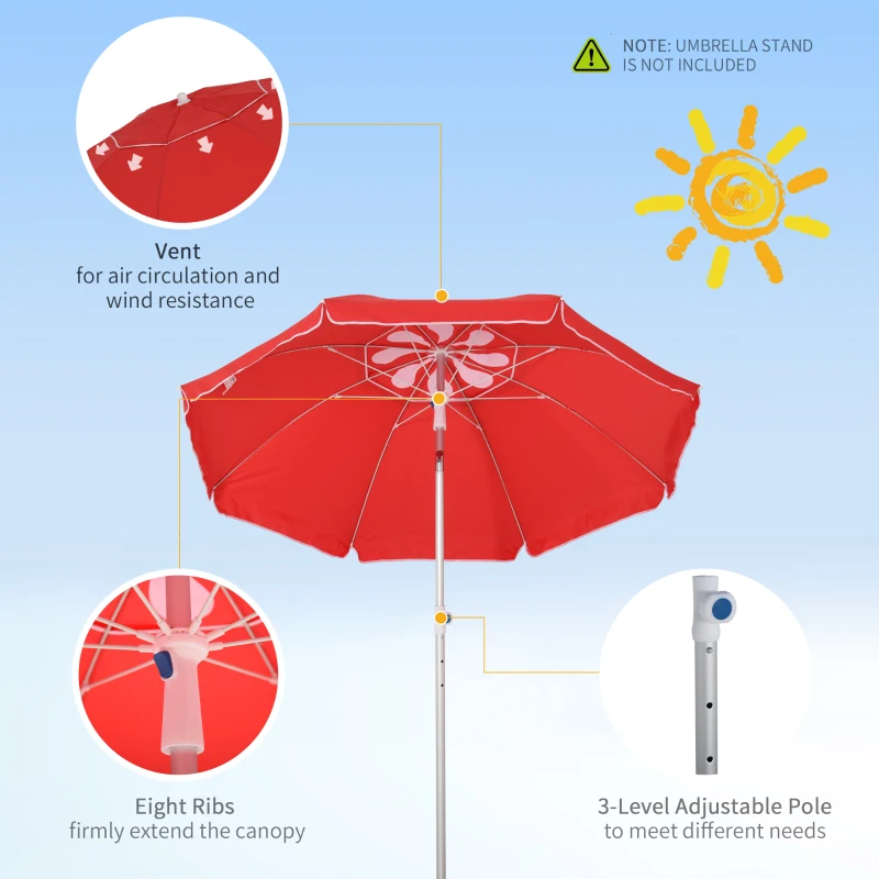 Outsunny 2m Arced Beach Umbrella, Portable Parasol with Tilt and Adjustable Height, Carry Bag, Outdoor Sunshade Shelter with 8 Fibreglass Ribs, Red